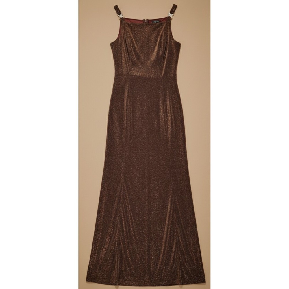 Betsy & Adam Caché Maxi Dress Womens 6‎ Bronze Metallic Shimmer Rhinestone Vtg